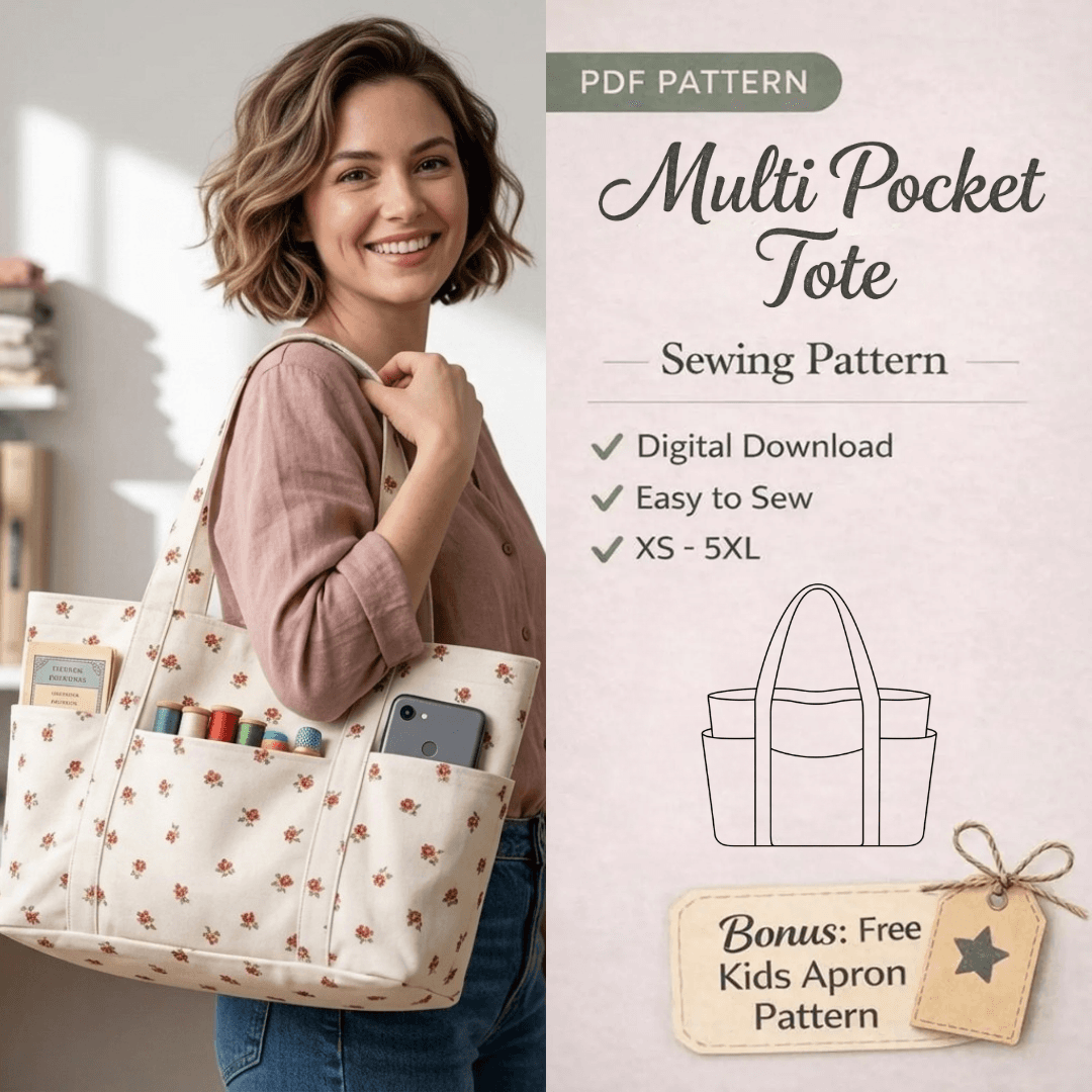 Tote Bag Sewing Pattern, Multi Pocket Canvas Shopper Bag